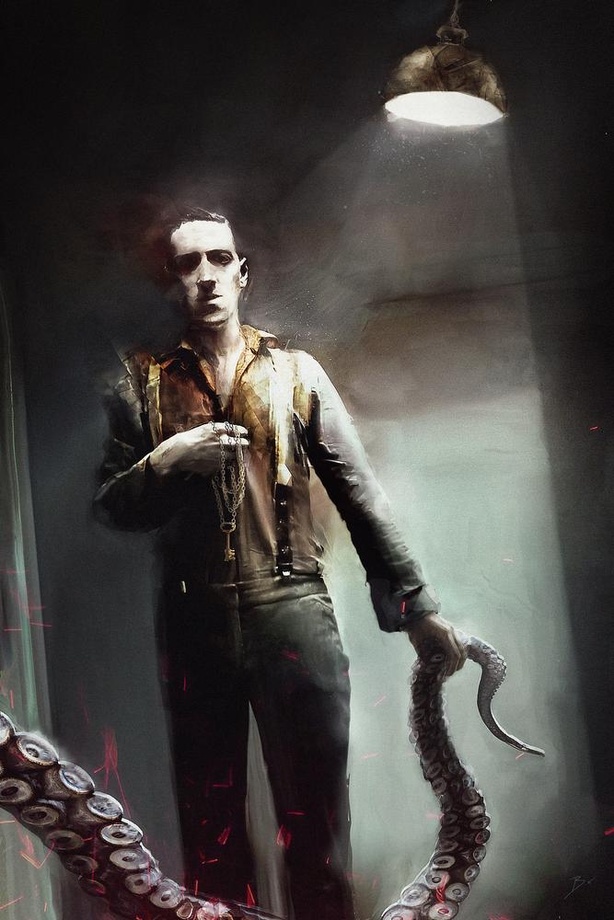 Full body portrait of Lovecraft holding a tentacle