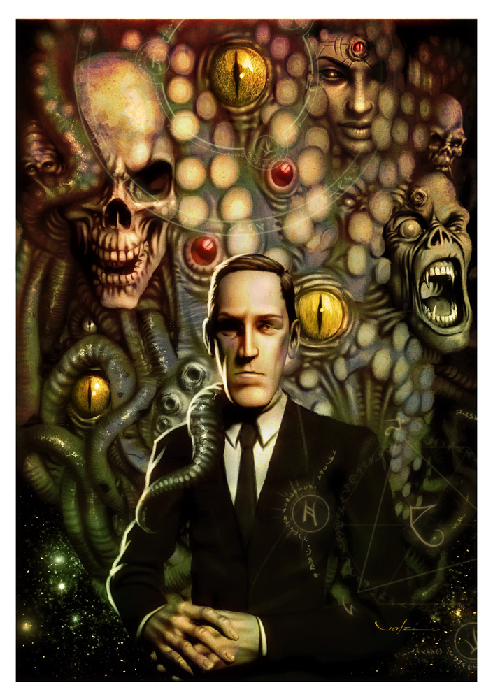 Lovecraft sitting in a chair with his creations surrounding him