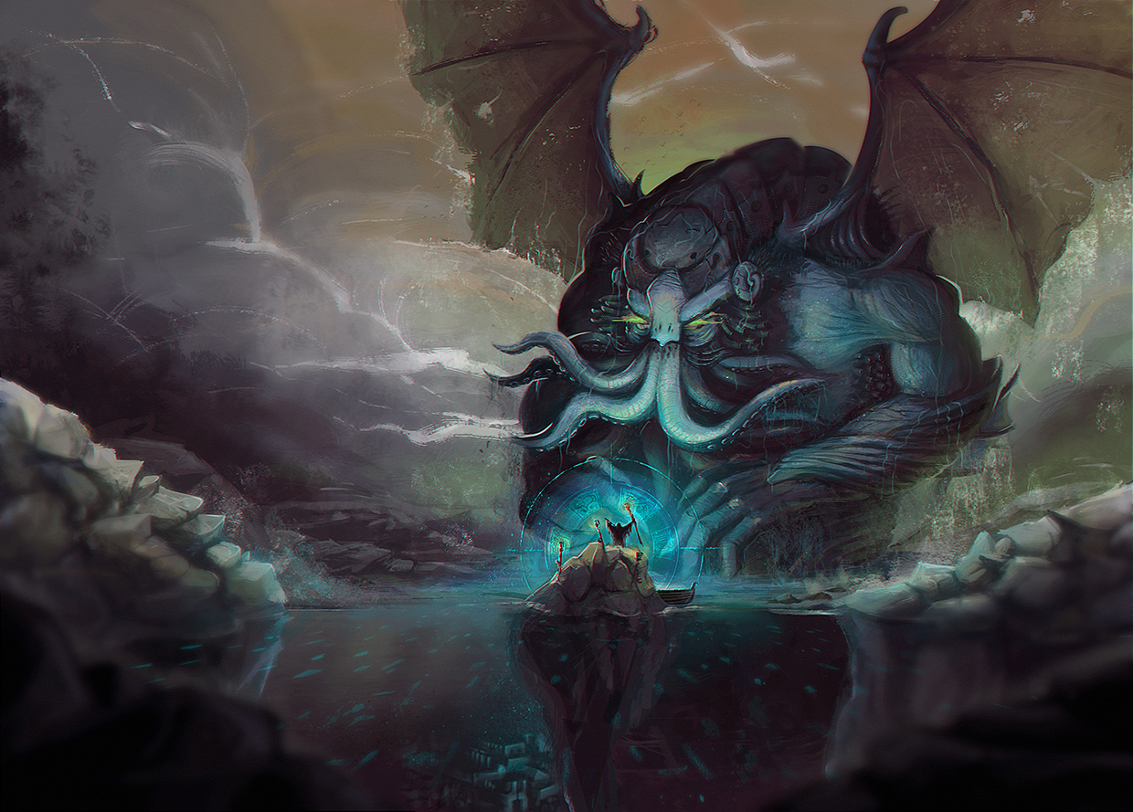 Design and illustrations for pages that tell the origin of the Cthulhu monster, a creation of HP Lovecraft writer; Strange World Magazine ,