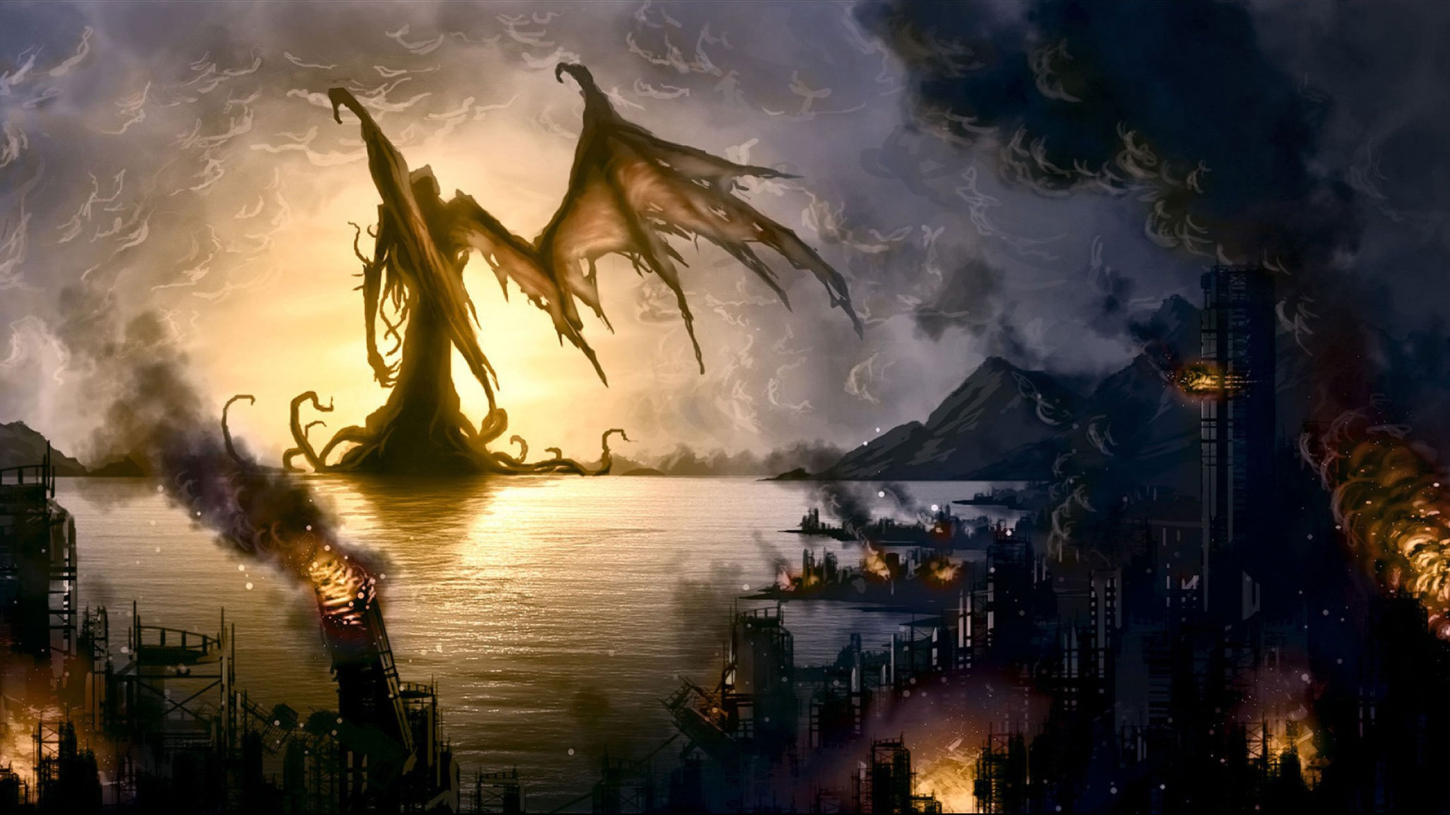Cthulhu departs burning city by unknown artist